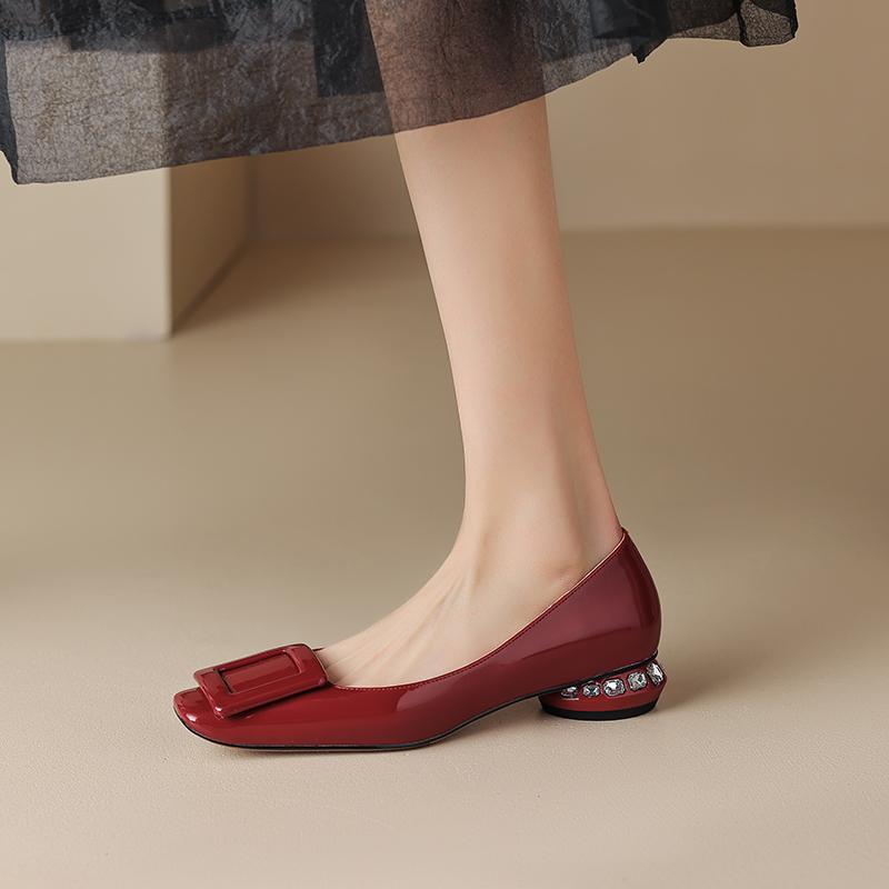 Fashion 2024 Spring Women Pumps Genuine Leather Shoes for Women Square Toe Chunky Heel Women Shoes Shallow Square button Single Shoes