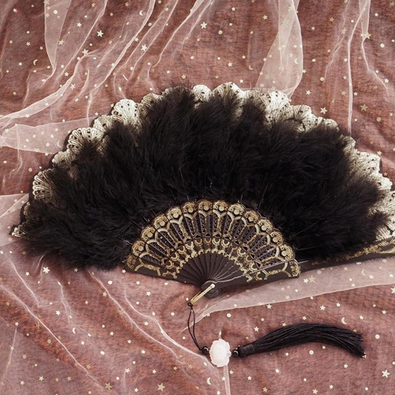 Wedding Feather Hand Fan Handmade Retro Lace Feather Fans for Wedding Party Gift Chinese Luxurious Wedding Decoration