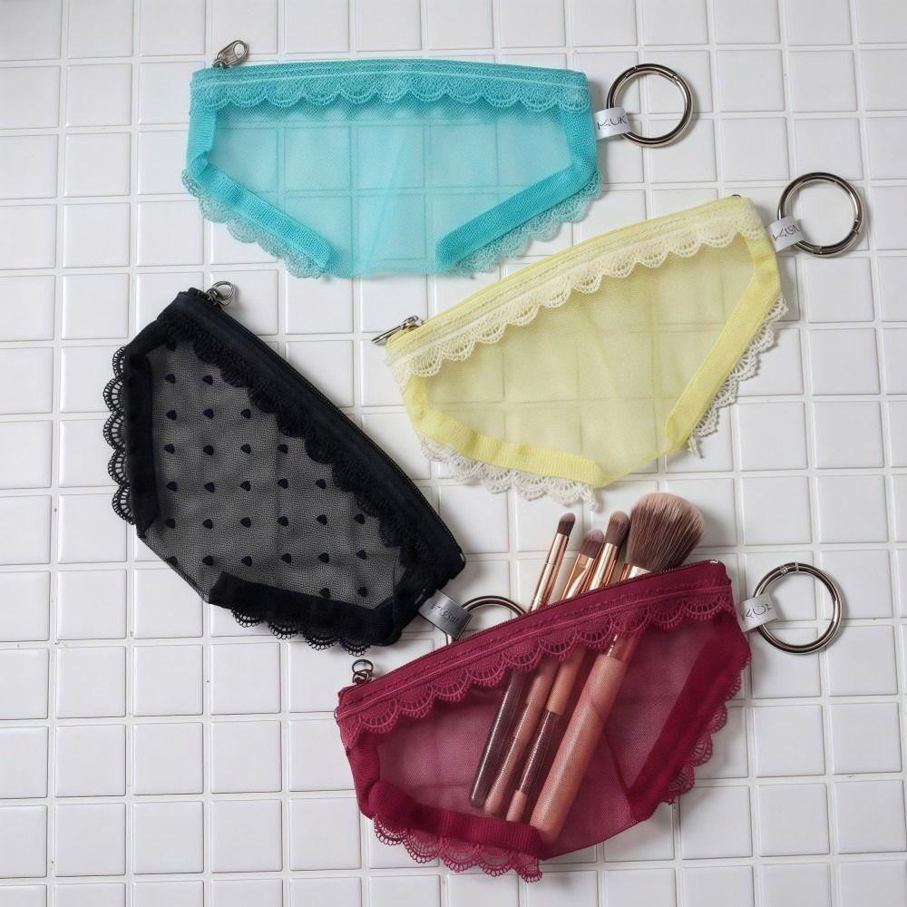 Unique Briefs Shape Cosmetic Bag Lace Heart Mesh Makeup Storage Pouch Y2K Transparent Toiletry Bag Storage for Travel