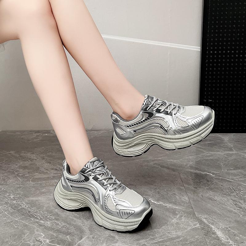 Fashion 2025 New Women Sports Shoes Thick Sole Chunky Sneakers Knitted Mesh and Leather Casual Shoes Street Platform Walking Shoes