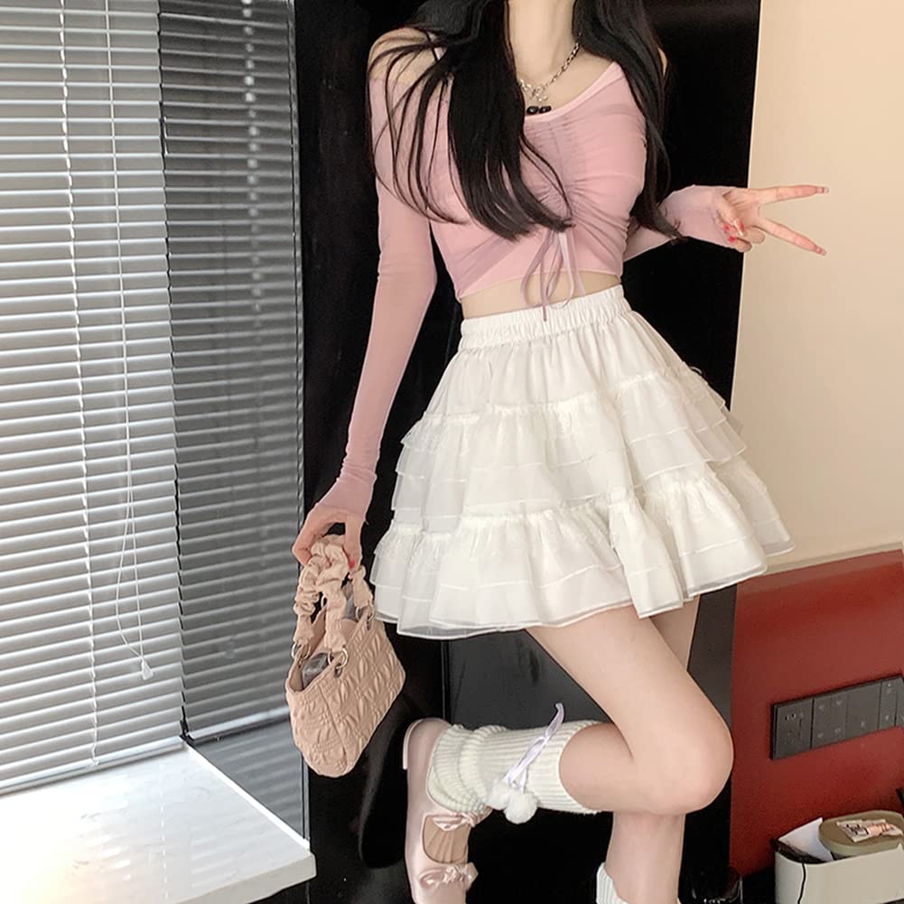 OIUYUE Summer Layered Ruffle Voluminous and Fluffy Tutu White Lace Slimming Women's Skirt, Mass-Produced Skirt, Skirt, Skirt, (Q White)