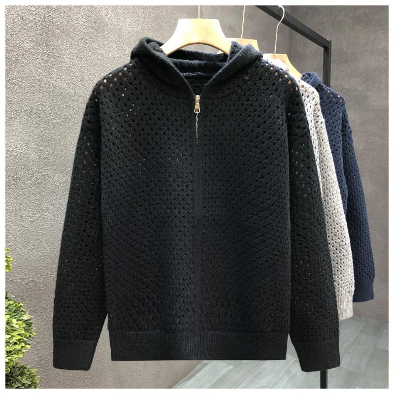 Mens Hollow Out Hooded Cardigan Loose Knit Sweater Casual Outerwear