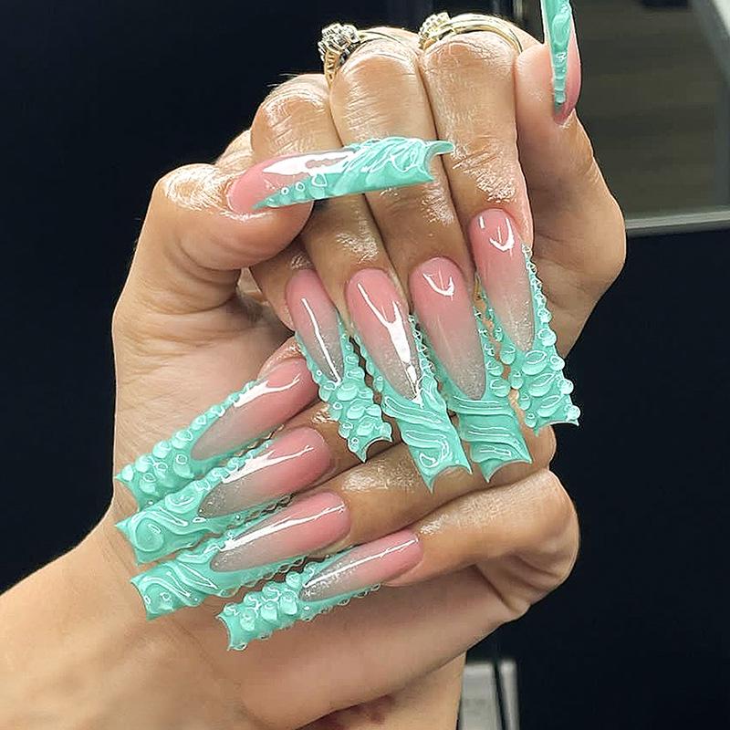 

Handmade Long Pipe Nails with 3D Green French Tips