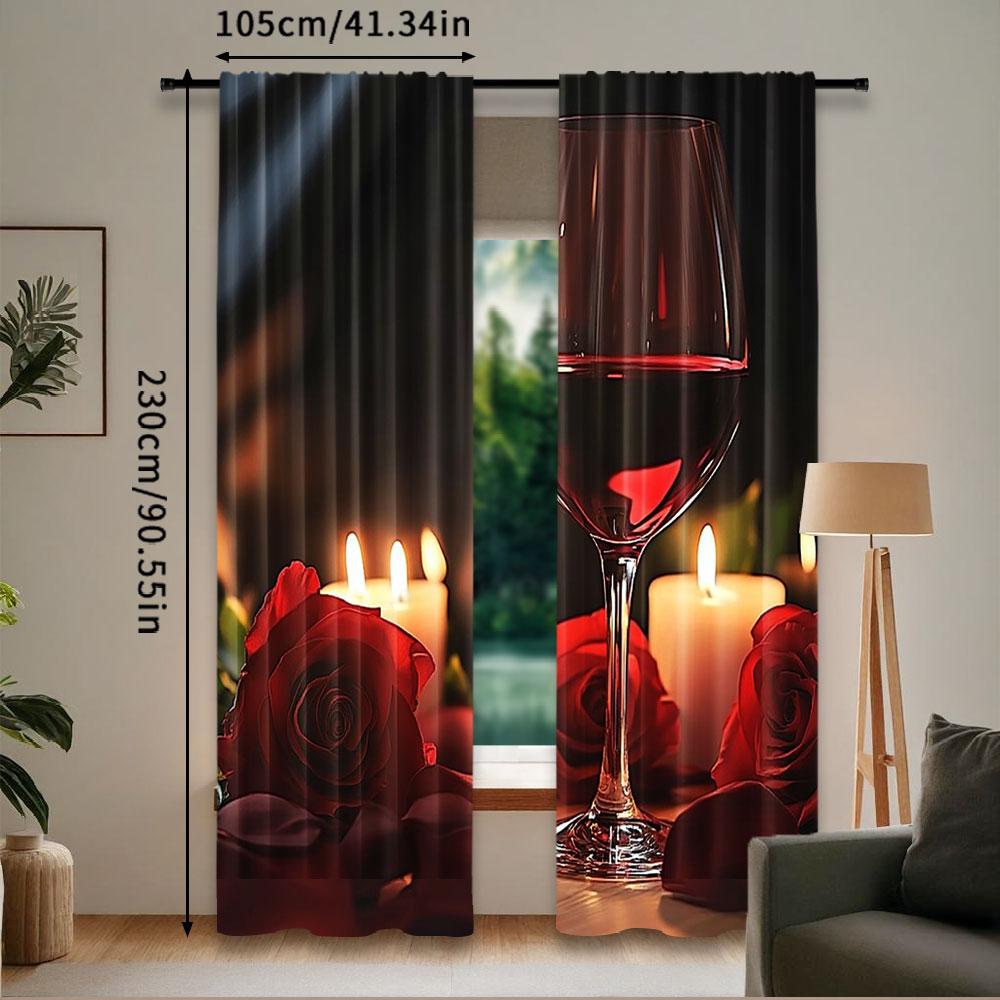 Set Of 2 Red Rose Wine Glass Candle Curtains Fashion Suitable Bedroom Living Room Dorm Curtain Polyester Ideal For Great