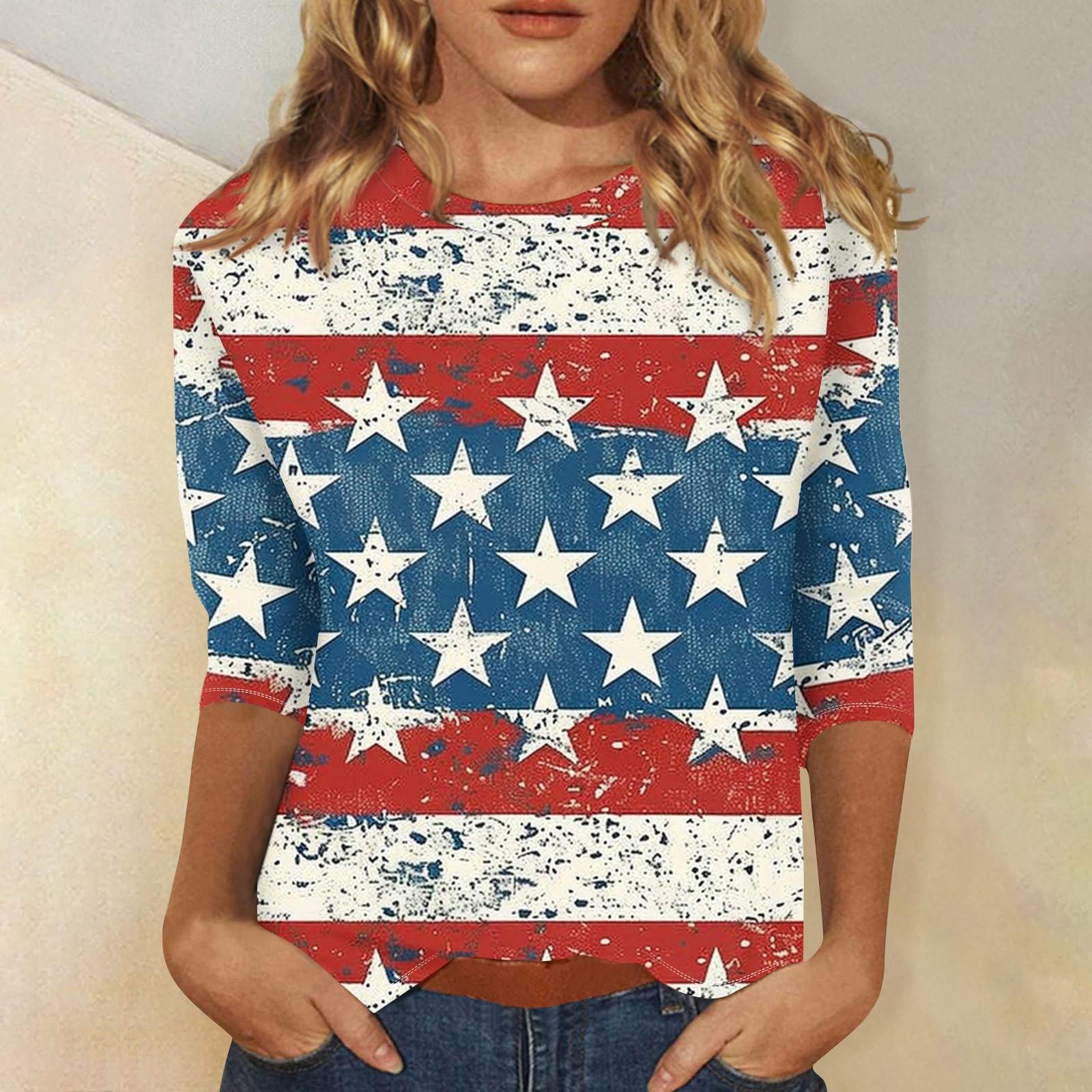 

Женская мода повседневная рубашка с круглым вырезом и рукавом три четверти с принтом «День независимости» L