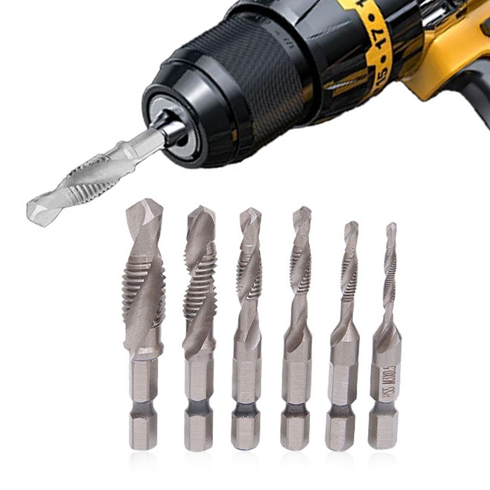 6 Pcs M3-M10 Screw Tap Drill Bits Metric HSS Taps Countersink Deburr Set Hex Shank Tap Bit Set for Metal Steel Wood Plastic