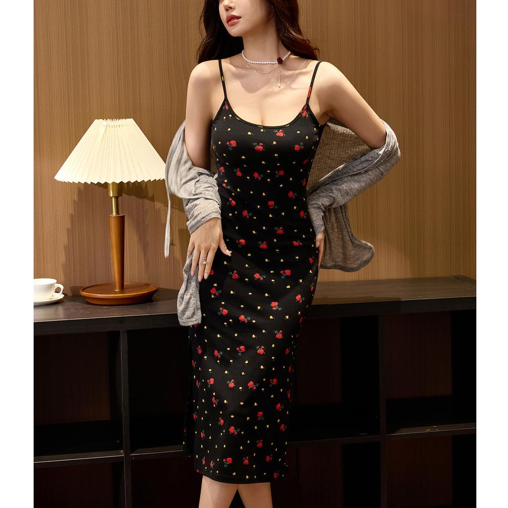 Cotton Rose Print U-neck Suspender Dress Women's Summer New Slit Sexy Dress