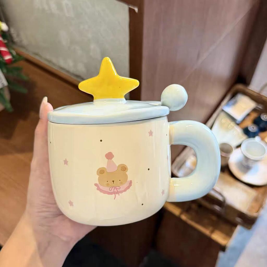 High value mug with lid spoon cute ceramic cup household water cup women's office coffee breakfast cup couple