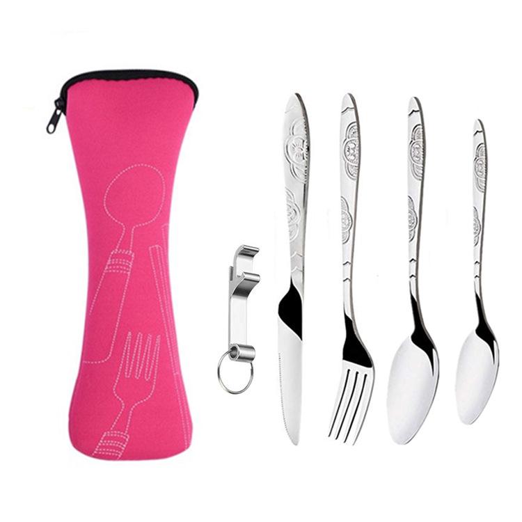Tragbares Edelstahl-Besteckset - 5-teiliges Reisebesteck mit Messer, Gabel, Löffel und kleinem Löffel für Camping & Outdoor