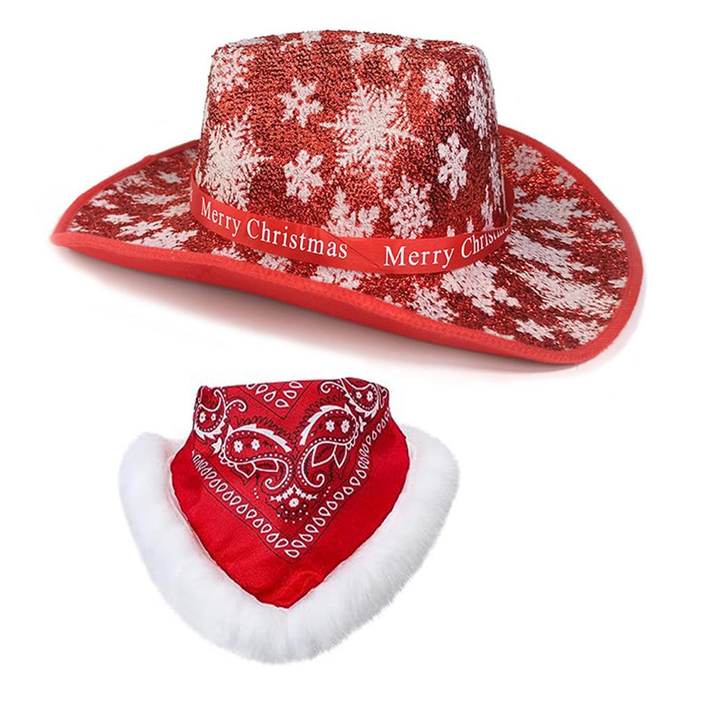 Cowgirl Hat+Kerchief Set for Christmas with Furry White Brim Christmas Cowgirl Hats Bachelorette Party