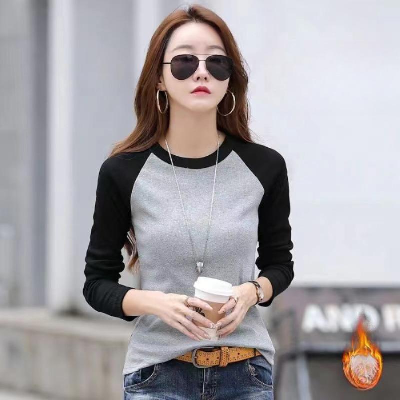 

Crew Neck Long-sleeved T-shirt Women s s Autumn New Double-sided Velvet Contrasting Color Slim-fitting Bottoming Shirt with Thermal Top Inside M серый