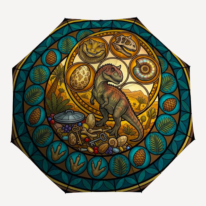Dinosaur Glass Art Pattern Umbrella, Portable and Foldable Design, 8 Ribs, a Casual Accessory for Halloween, Christmas, and Birthday Gifts.