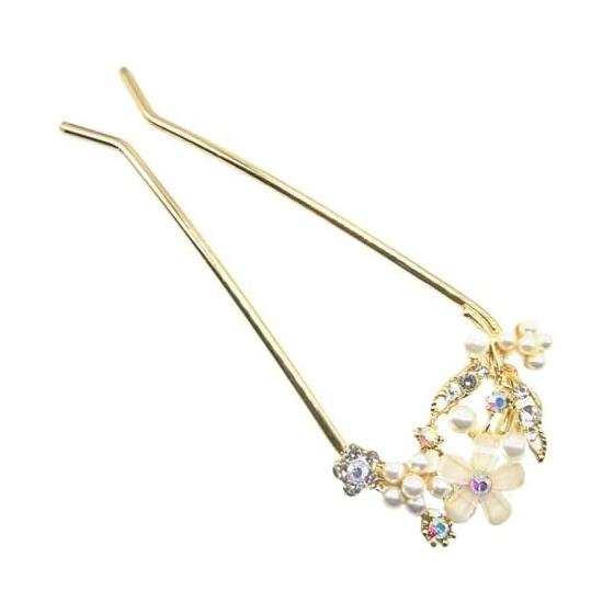 Miaomyao U-Shaped Hairpin for Kimono and Yukata, Antique Floral Hair Accessory with Pearls and Zirconia, Gold Finish, European Style Small Flower