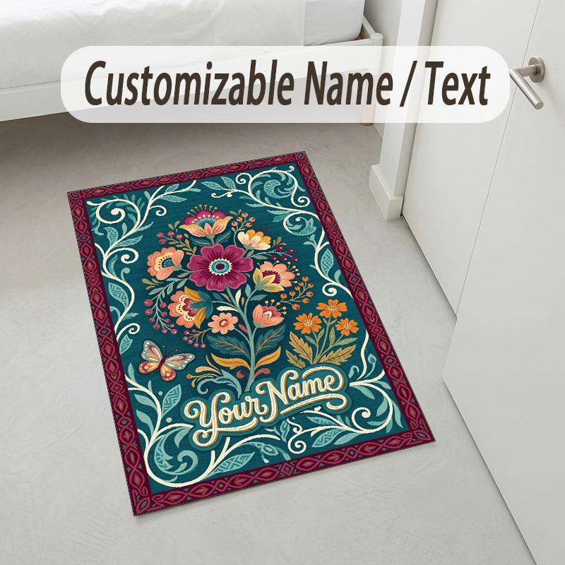 Floral Art Card Theme Soft Crystal Velvet Rug Custom Name & Text Print Non Slip Floor Rug for Bedroom Living Room