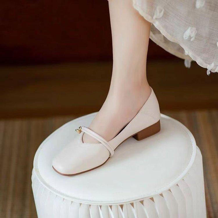 French Square Head Mary Jane Soft Leather Women's Shoes Leather Shoes Autumn and Winter New Fashion Soft Sole Temperament Light Mouth Single Shoes