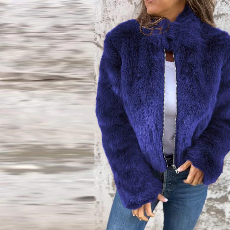 Damen Herbst Winter Vintage Warm Kunstpelz Leichte Dünne Jacke Locker Stehkragen Langarm Mantel Lässige Reißverschluss Oberbekleidung