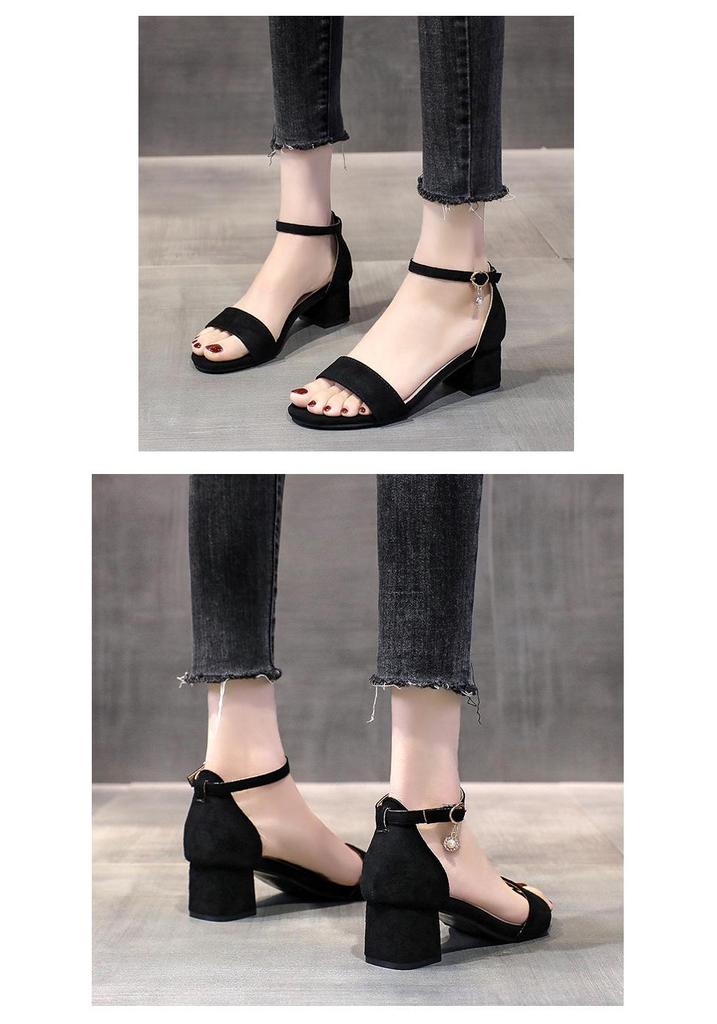 Women's 2025 Black Chunky Heel Mid-Heel Sandals - Versatile One-Strap Fairy Style, Perfect with Skirts.