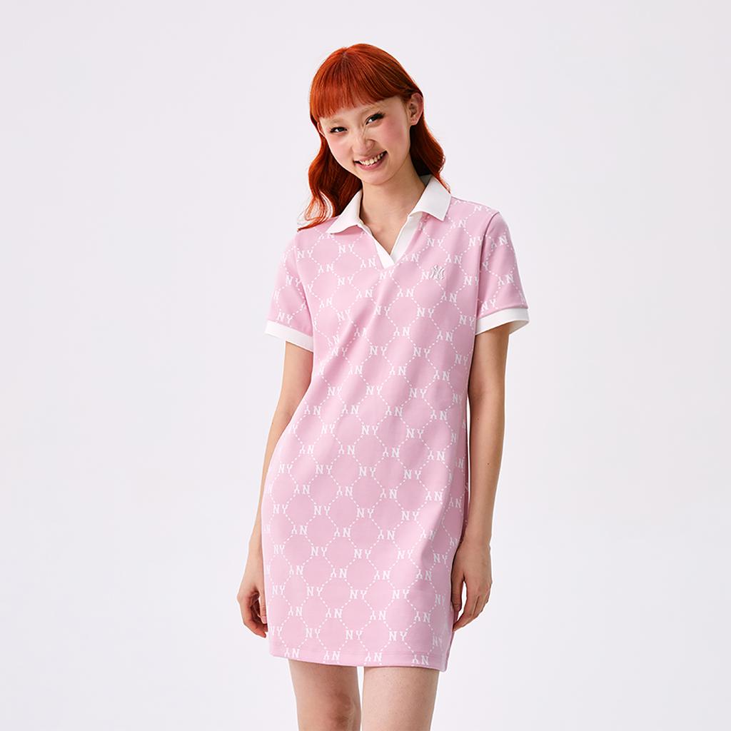 New MLB MONOGRAM Collection New York Yankees SS25 Short Sleeved Dress Women's Heather Gray Pink 3FOPM0453-50PKM
