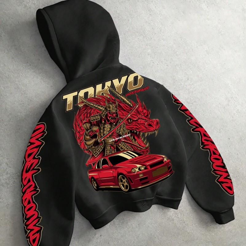 Tokyo Samurai Sports Car Short Hoodie Red Gold Japanese Style JDM Loose Fit Long Sleeve Print Top