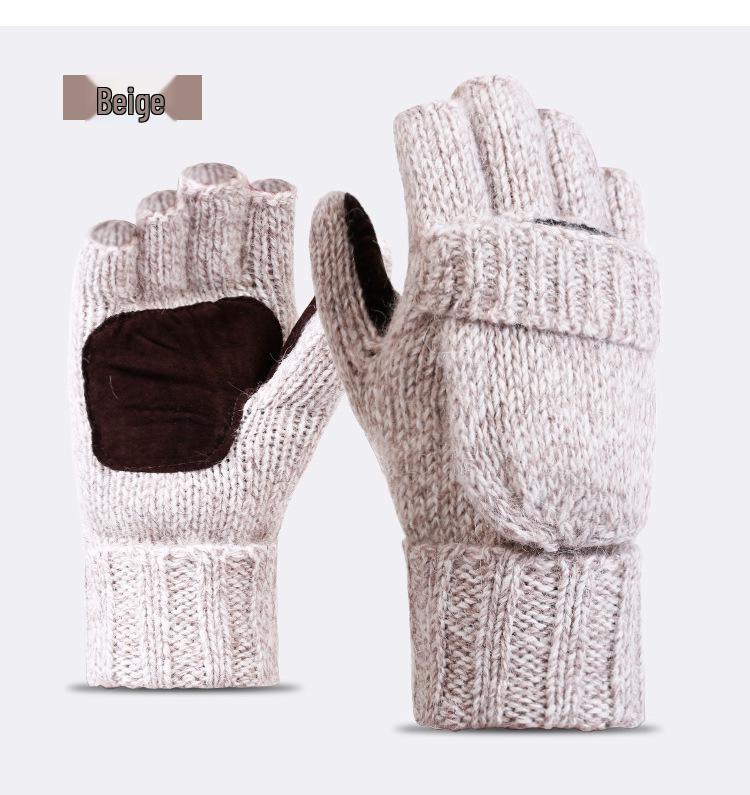 

Korean Style Windproof Wool Cycling Gloves - Half-Finger, Velvet-Lined, Unisex for Autumn/Winter One Size бежевый