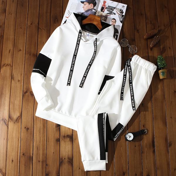 Mens Tracksuit Warm Hooded Sweatshirt+Sweatpants 2 Pcs Sets Winter High Quality Black White Top or Pants Casual Jogging Clothing