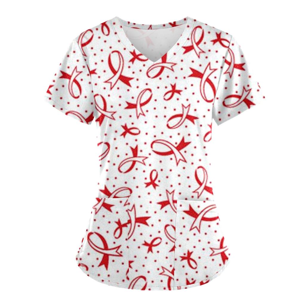 Scrubs Medical Uniform Pink Ribbon Cancer Fighter Graphic Women's Uniforms V Neck Short Sleeve Tops with Pockets Scrubs for Wome