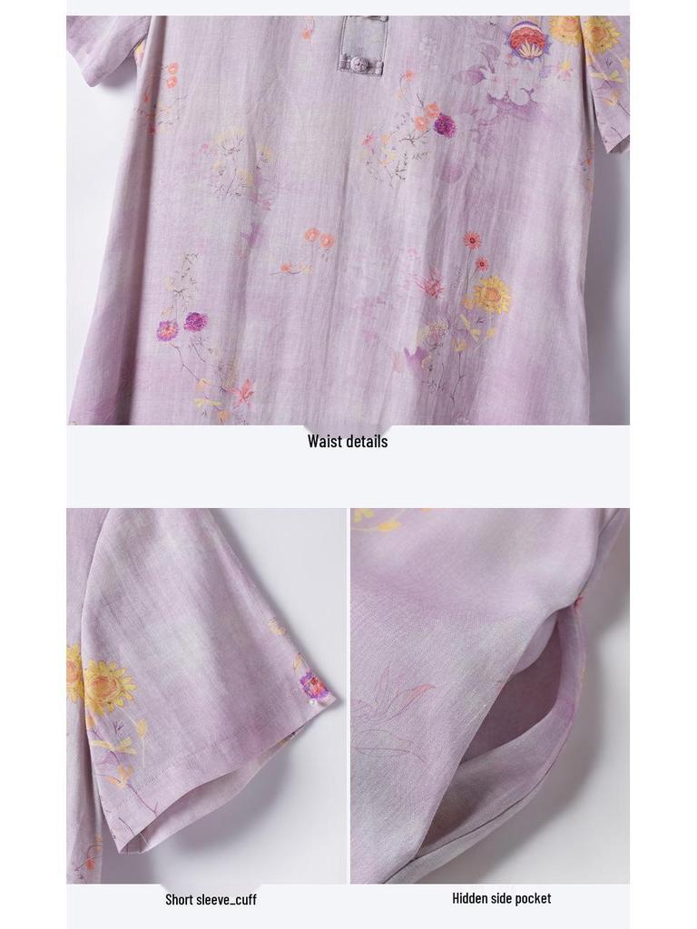 Retro Artistic Ramie Print Qipao Dress – V-neck, Short Sleeve, Mid-Length, Chinese Style for Summer