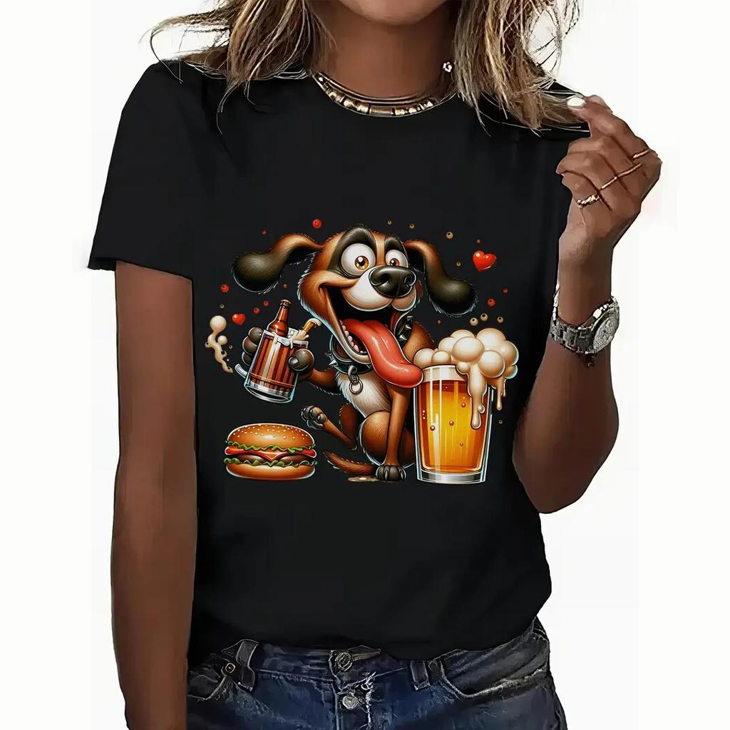 Sommar Rund Hals 3D Söt Tecknad Djur Grafiskt Tryck Topp Trendiga Casual Kortärmade Dam T-shirts