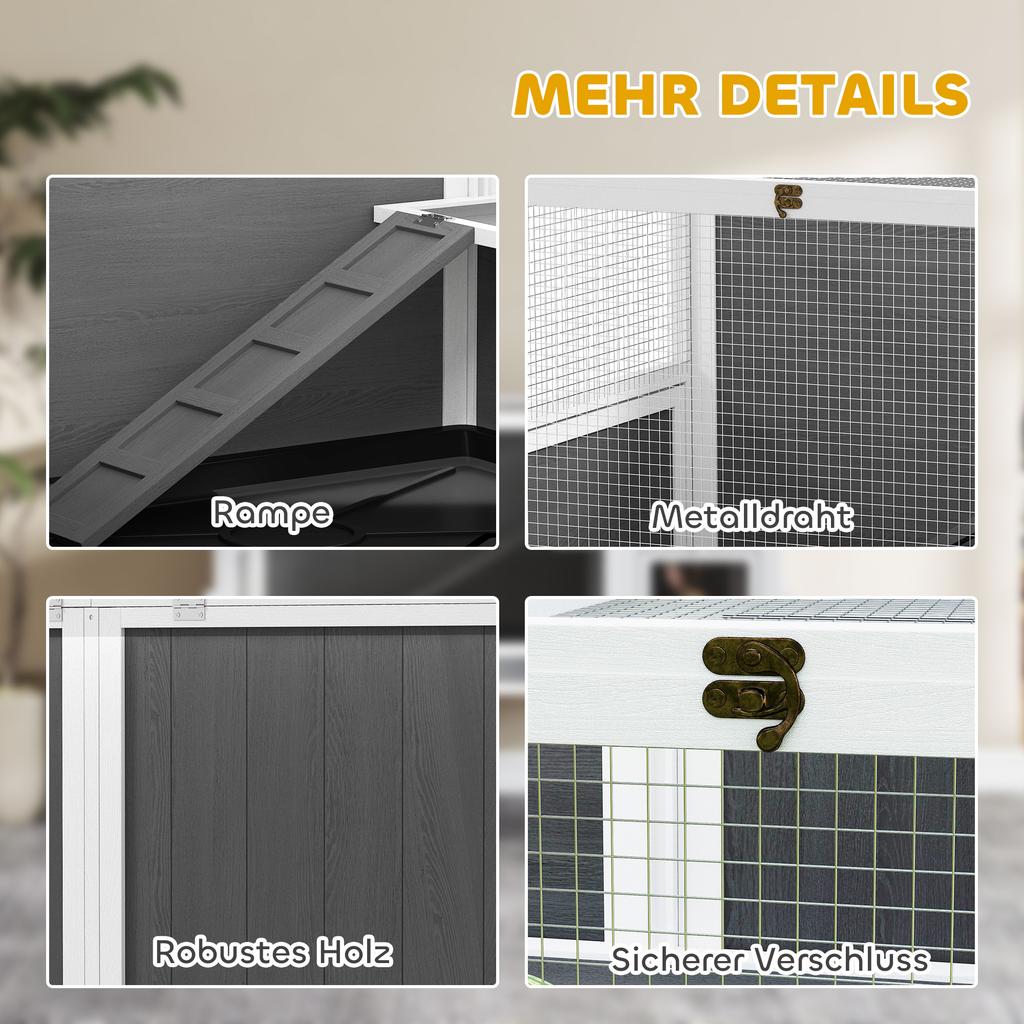 Small Animal Hutch for Dwarf Hamsters, Rabbits, Guinea Pigs, with Accessories, Elevated Design, Wood, Metal, Grey