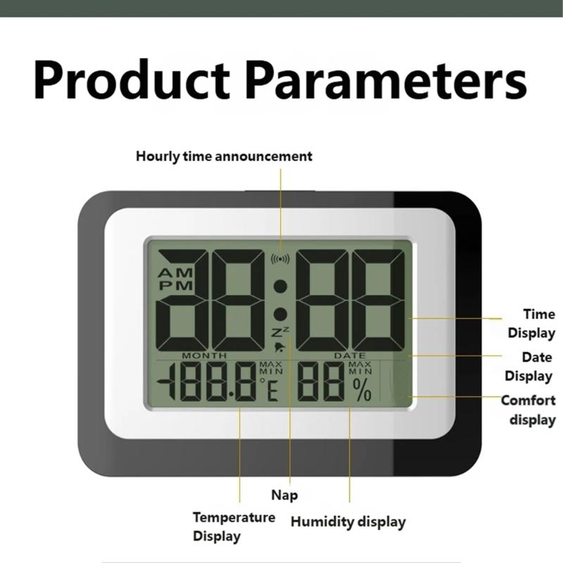 Digital Alarm Clock with Large LCD Display Backlight Temperature Hygrometer Monitor Flexible Mounting Option Easy Setups
