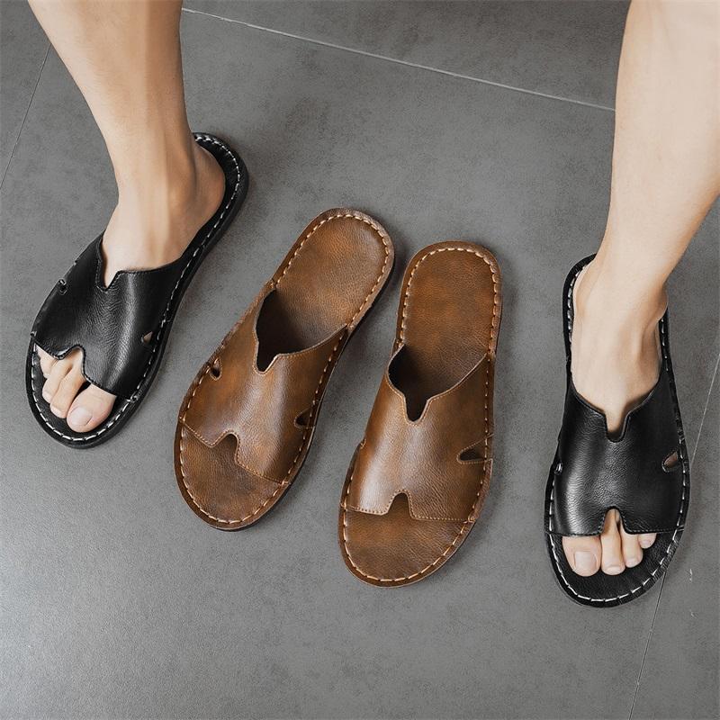 Pantofole da Uomo Fatte a Mano Semplici Sandali Bassi Esterno Estate Marrone Nero Ciabatte a Infradito Punta Aperta Scarpe da Spiaggia Taglia Plus