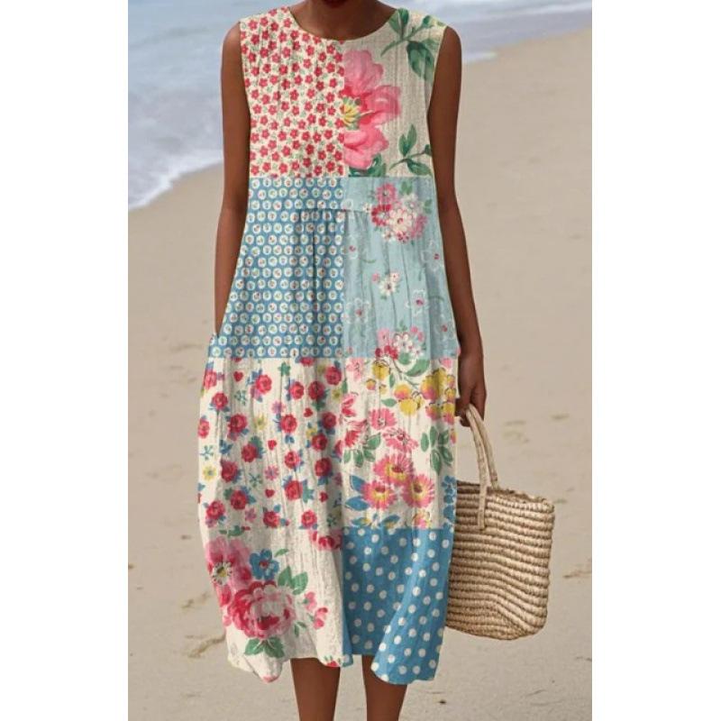Summer new sleeveless pocket casual printing temperament long dress dress slim dress