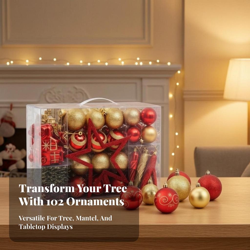 102 Pieces Holiday Decor Lightweight Christmas Tree Ornament Assortment Glittery