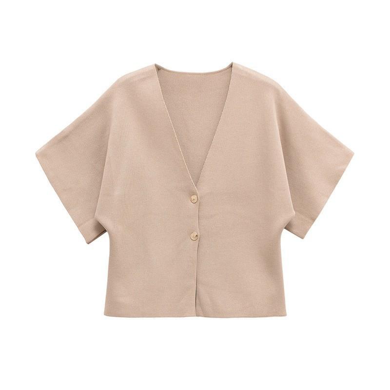 Womens Minimalist Knit Cardigan V-neck 5 Sleeve Button Detail Street Style Solid Color Top