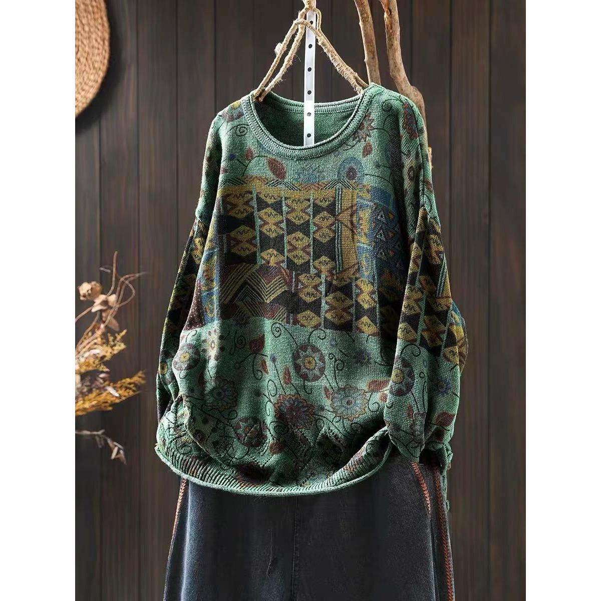 

Винтажный свободный свитер с круглым вырезом, женский зимний свитер с длинными рукавами в китайском стиле, винтажный свитер One Size зелёный