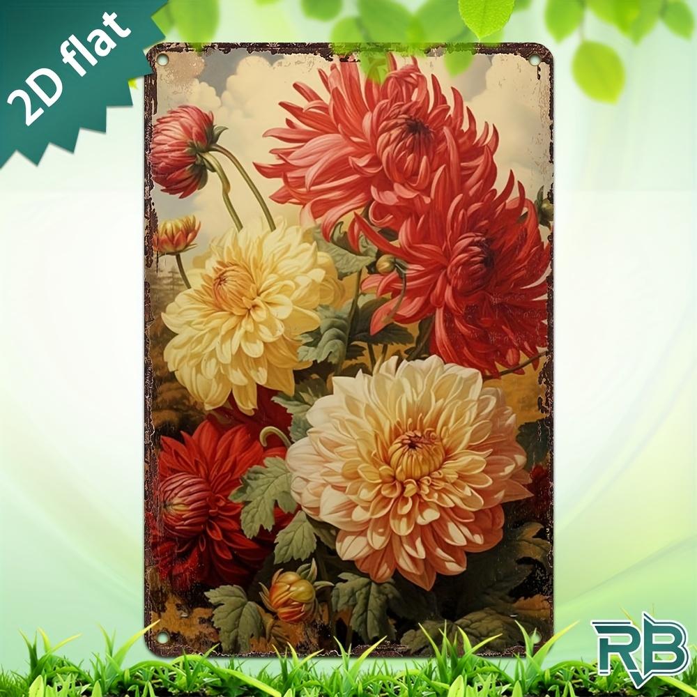 New Trendy HD Metal Wall Art  Vintage Rustic D Flat Design Featuring a Beautiful Bouquet of Red and Yellow Dahlia Chrysanthemu 20x30cm（7.8x11.8inch）