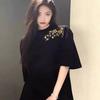 Black Cotton Short-sleeved T-shirt Women's New Summer American Loose Front Shoulder Design Half-sleeved T-shirt Top