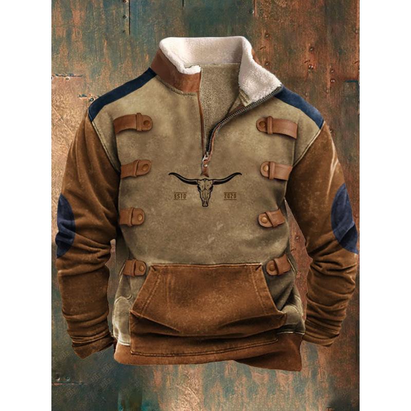 Spring And Autumn New Men'S Long Sleeve Half Zipper Printed Casual Fashion Trend Jacket