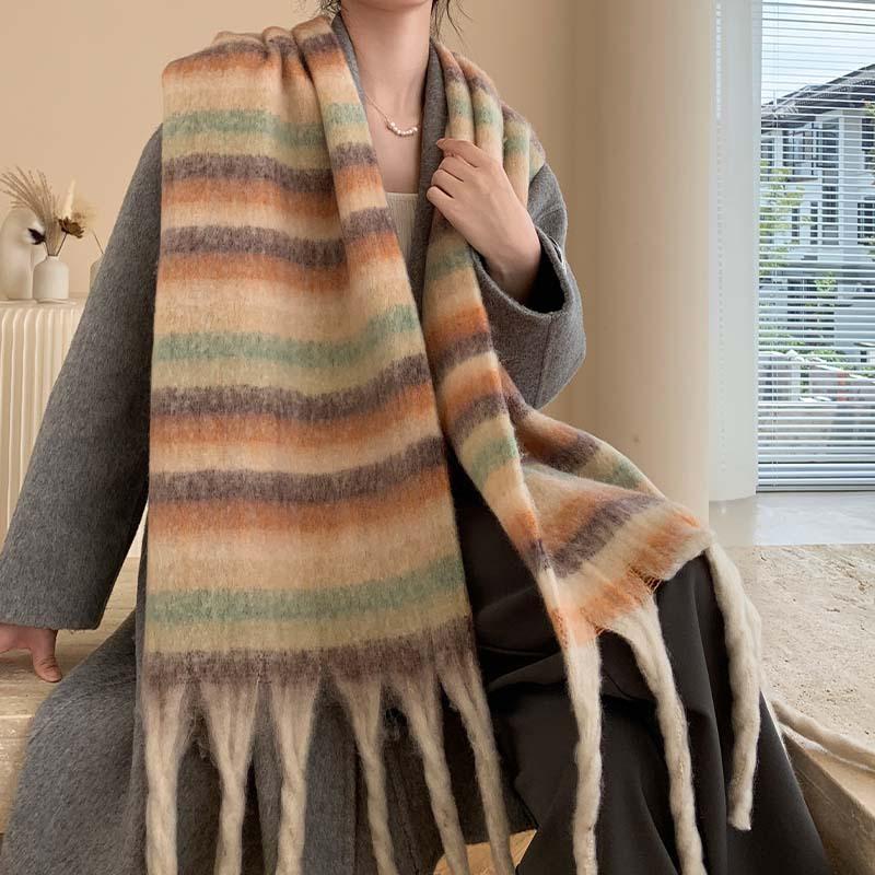 Winter New Scarf Women's Winter Thickened Warm Scarf Colored Plaid Fringed Scarf Shawl Fashionable Outer Cover
