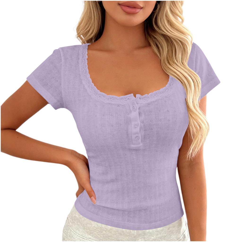 Women Short Sleeve Ribbed Knit Top Lace Trim Square Neck Button Casual Fitted T Shirt Blouse