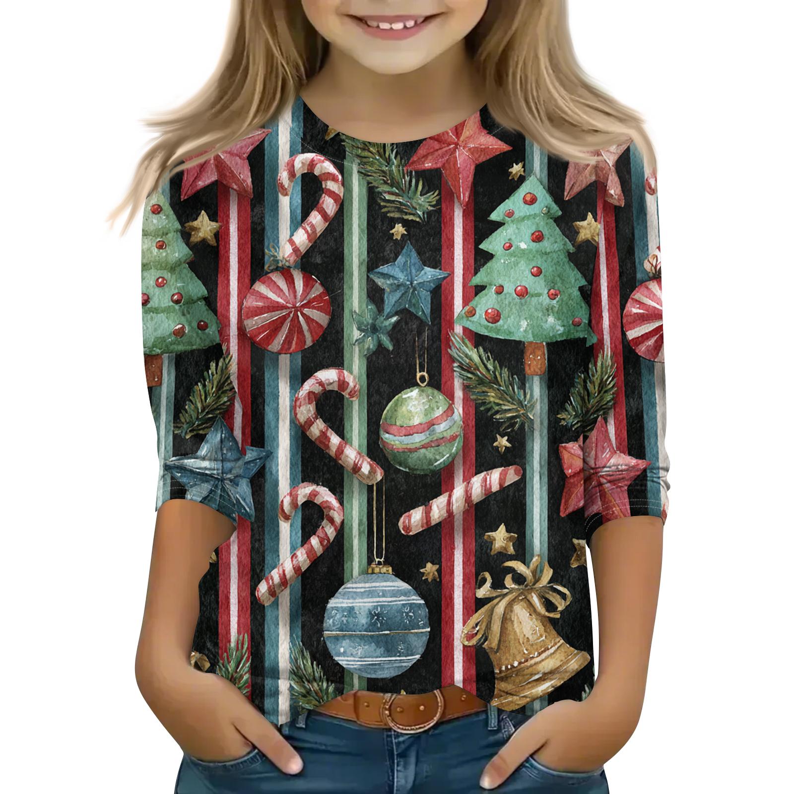 

Children s 3/4 Sleeve Round Neck Top Christmas Tree Printed Everyday Casual Top 150 чёрный