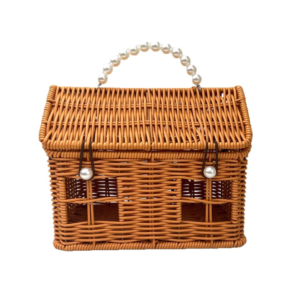 This Plastic Rattan House-shaped Basket, With A Lid And Folding Handle, Is Perfect For Picnics, Easter, Tidying Up, And Other Occasions.