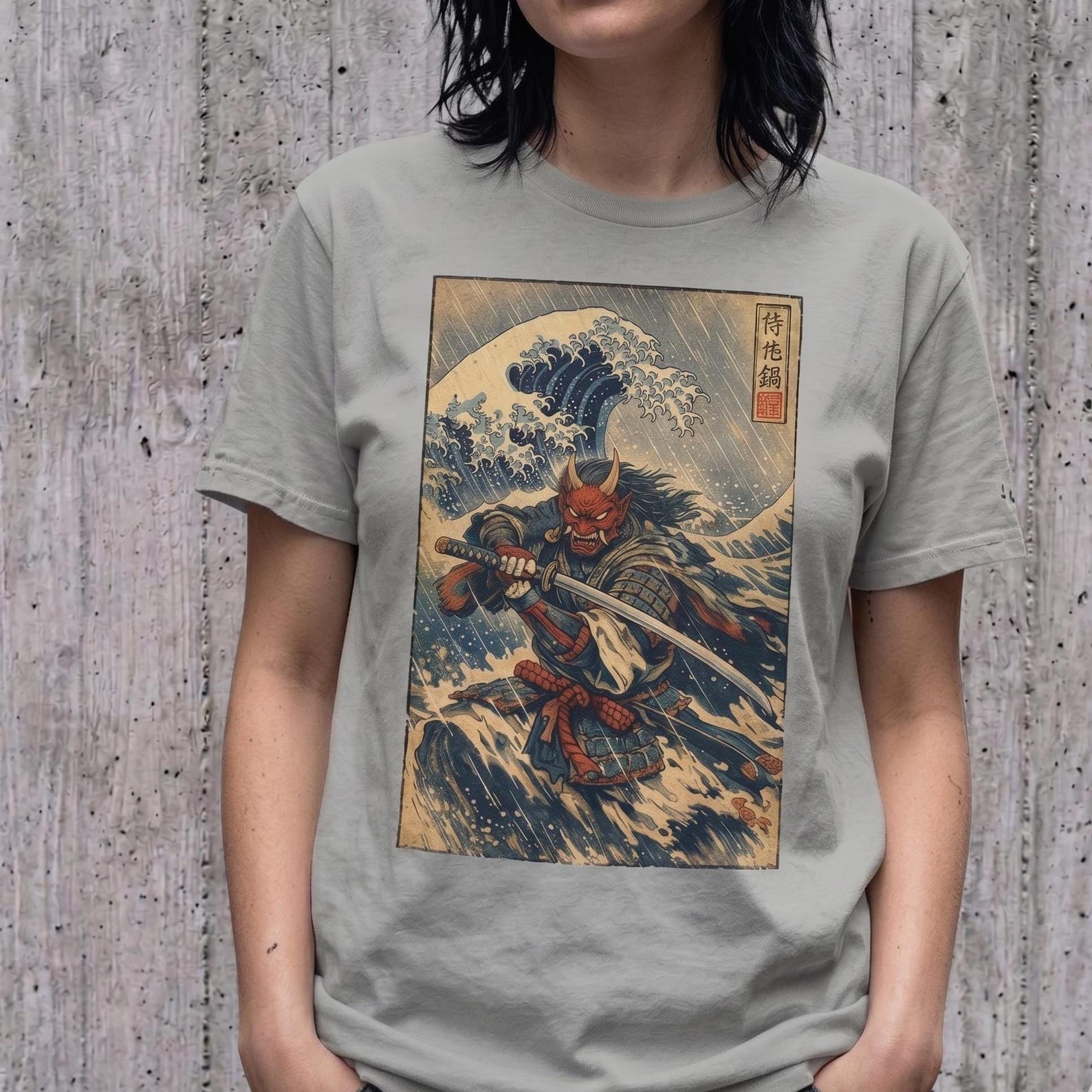 Samurai Warrior Oni Mask T-Shirt, Japanese Wave Graphic Tee S