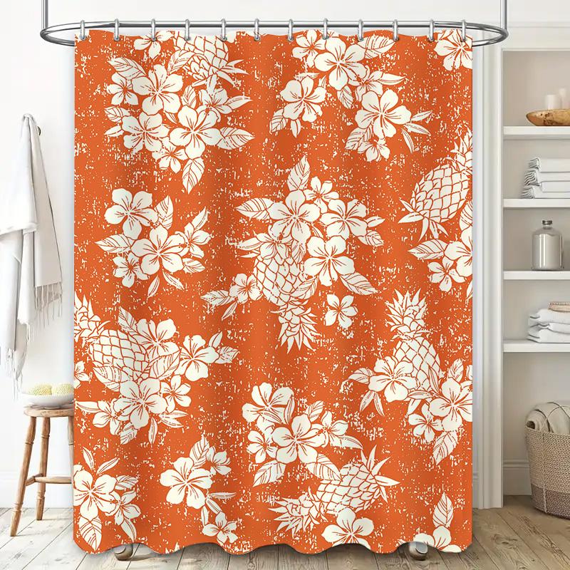 Summer Pineapple Hibiscus Print Shower Curtain Orange White Floral Decorative Bathroom Liner Water-Resistant Fabric for Bathtub/