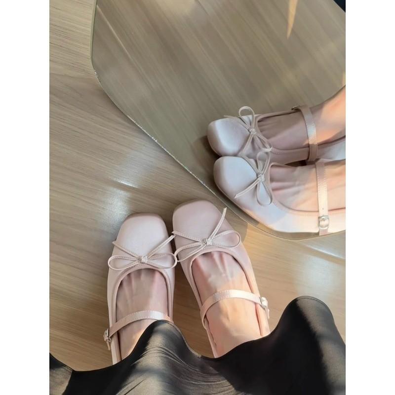 Inner height increase 7CM pink satin bow high heel Mary Jane shoes women's thick heel soft sole versatile ballet single shoes women