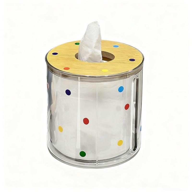 Cute Dot Pattern Transparent Cylindrical Tissue Container, Removable Wooden Cover Dual Side Pull-out Roll Tissue Holder