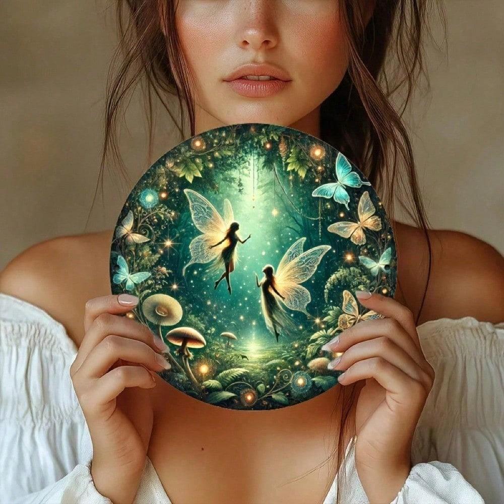 VANRISEN Vintage Fairy Forest Round Metal Tin Sign Fantasy Animal Plant Wall Art Kids Room Garden Porch Decor