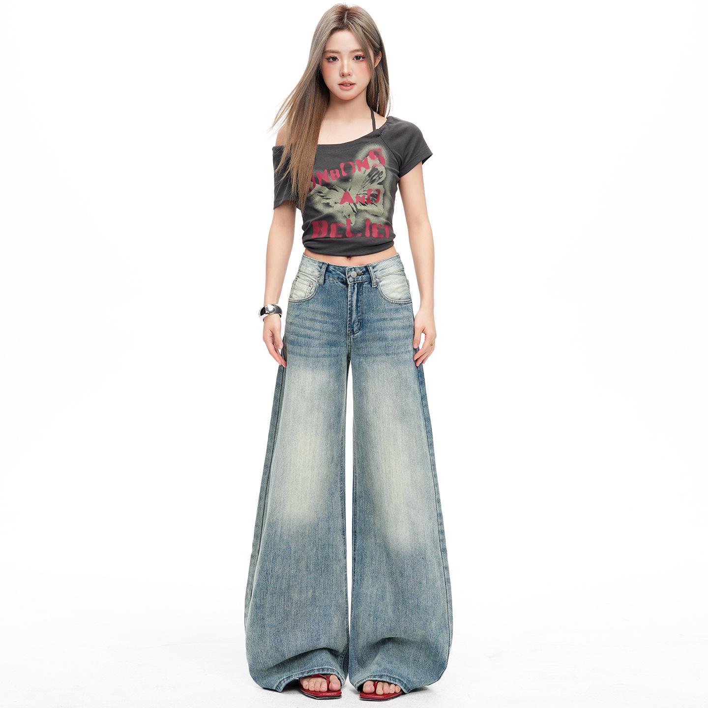 

2026 Spring Women s High Waist Retro American Style Bamboo Texture Wide Leg Denim Pants S