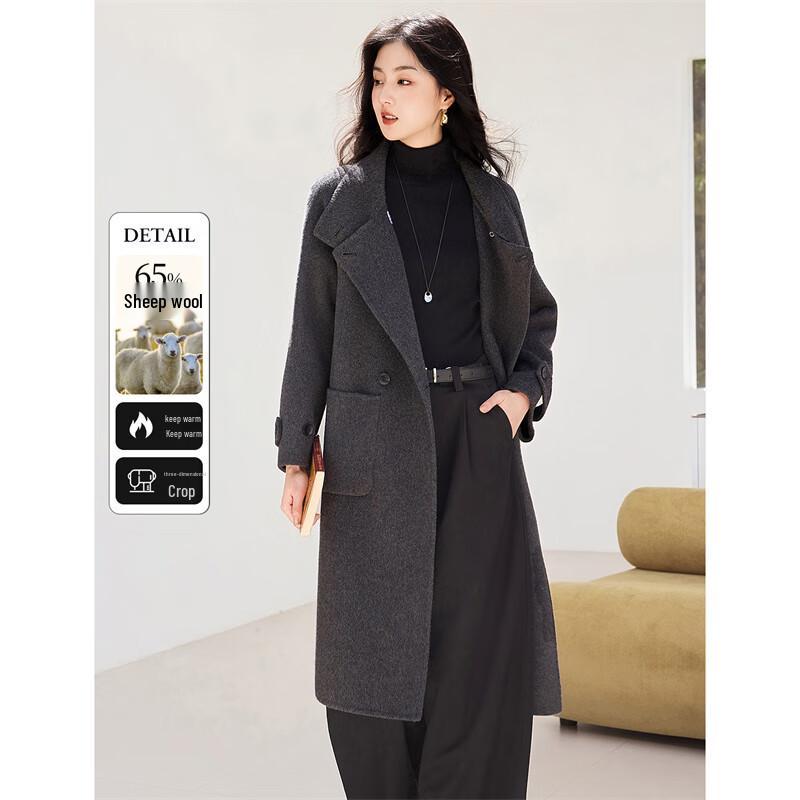 

Women s Korean Style Mid-length Double-faced Wool Blend Lapel Coat L