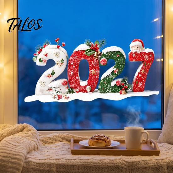 New Year Glass Decal Decorations 2027 Christmas Static Window Clings, Snowman Snowflake Holly Stickers, Festive Home Ornaments Reusable Xmas